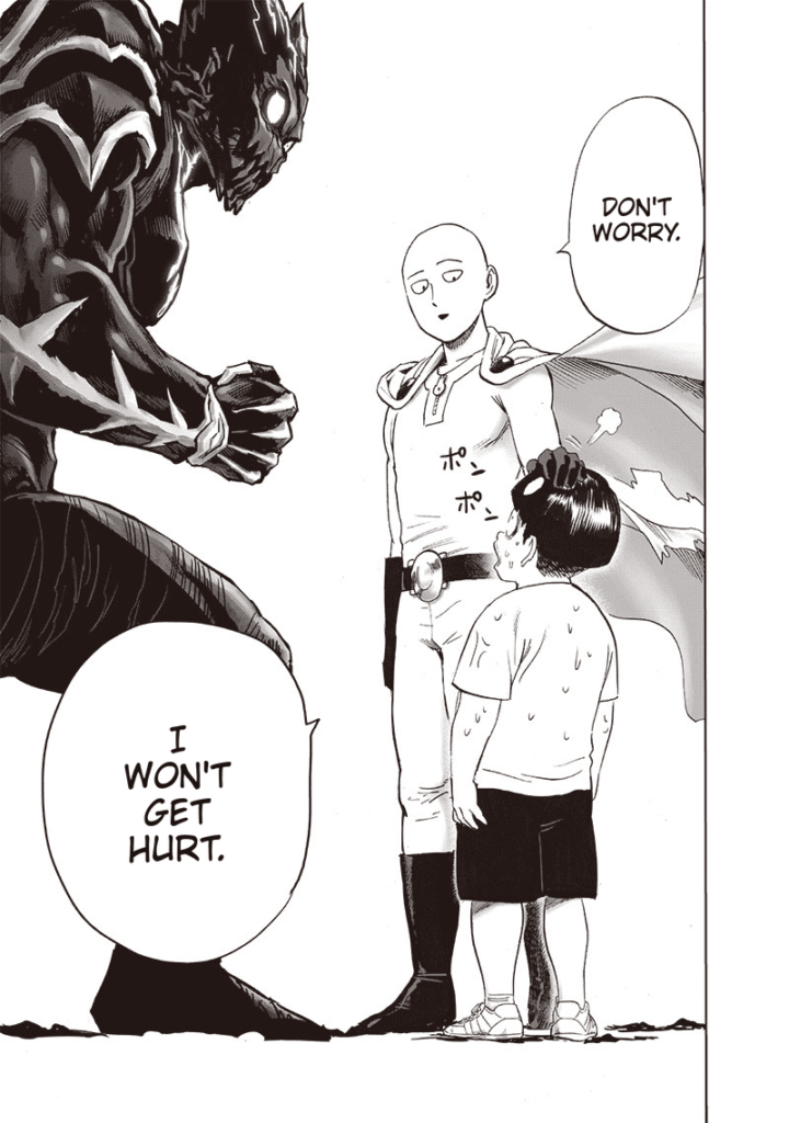 Saitama taps Tareo's head, saying not to worry. Garou stands in front of them.