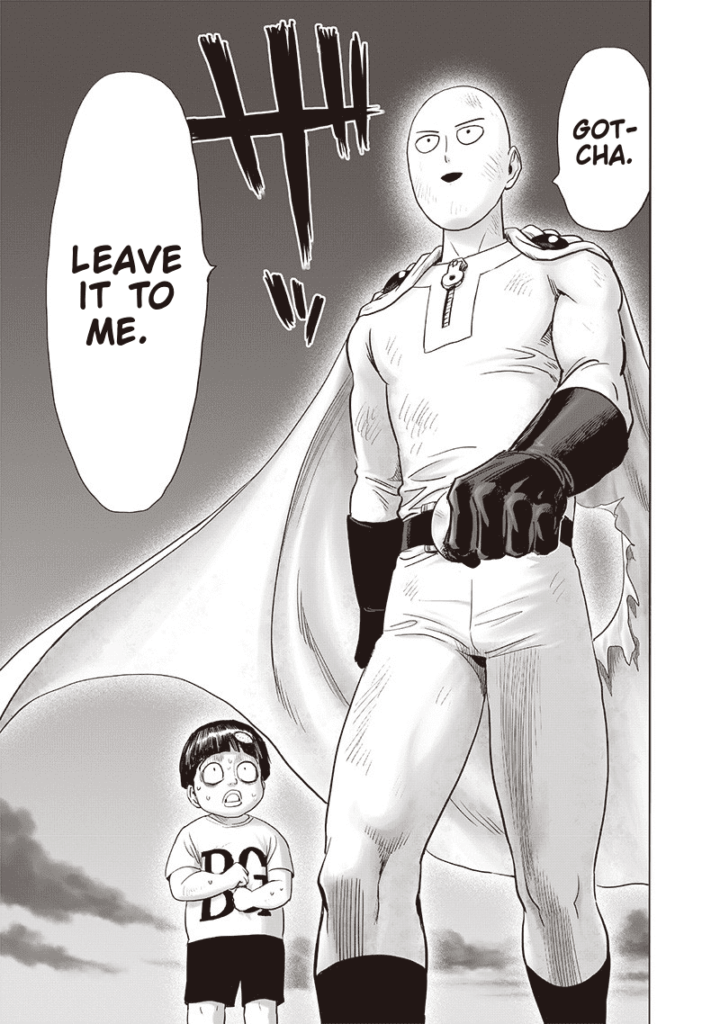 Saitama walks towards Garou, leaving Tareo behind.