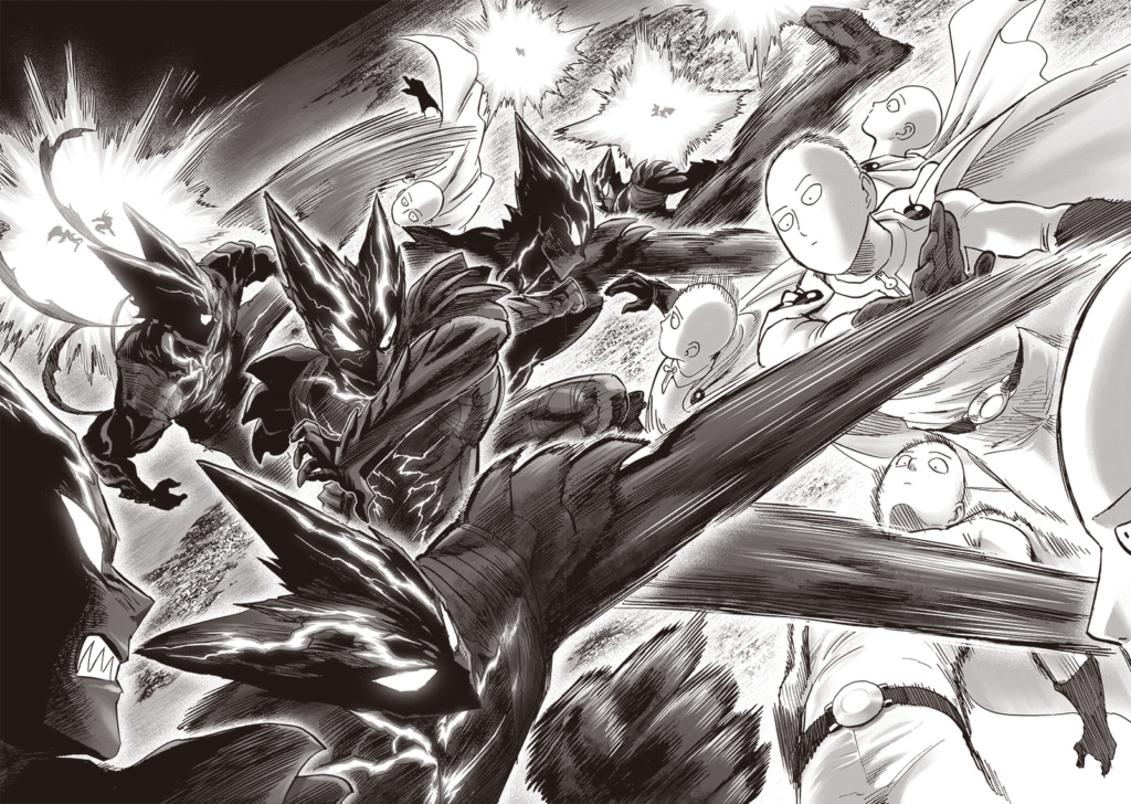 Cut to the scene, Garou is attacking Saitama. Saitama dodges all his attacks.