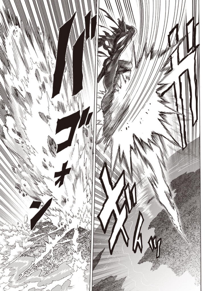 Garou hits Saitama with a powerful axe kick and sets him crashing down. The ground breaks after Saitama crashes down.