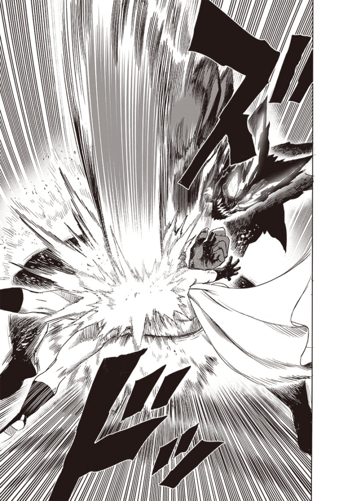 Garou counters and punches Saitama on his side.