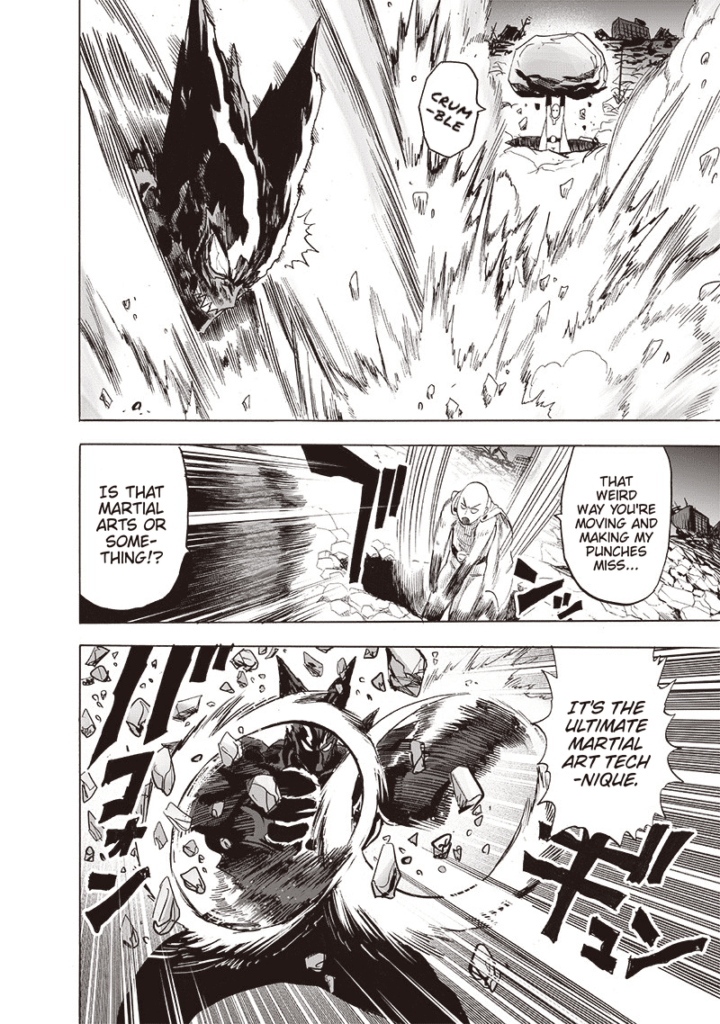 Saitama appears from underground at a distance and throws a boulder. Garou destroys the boulders with his hands.