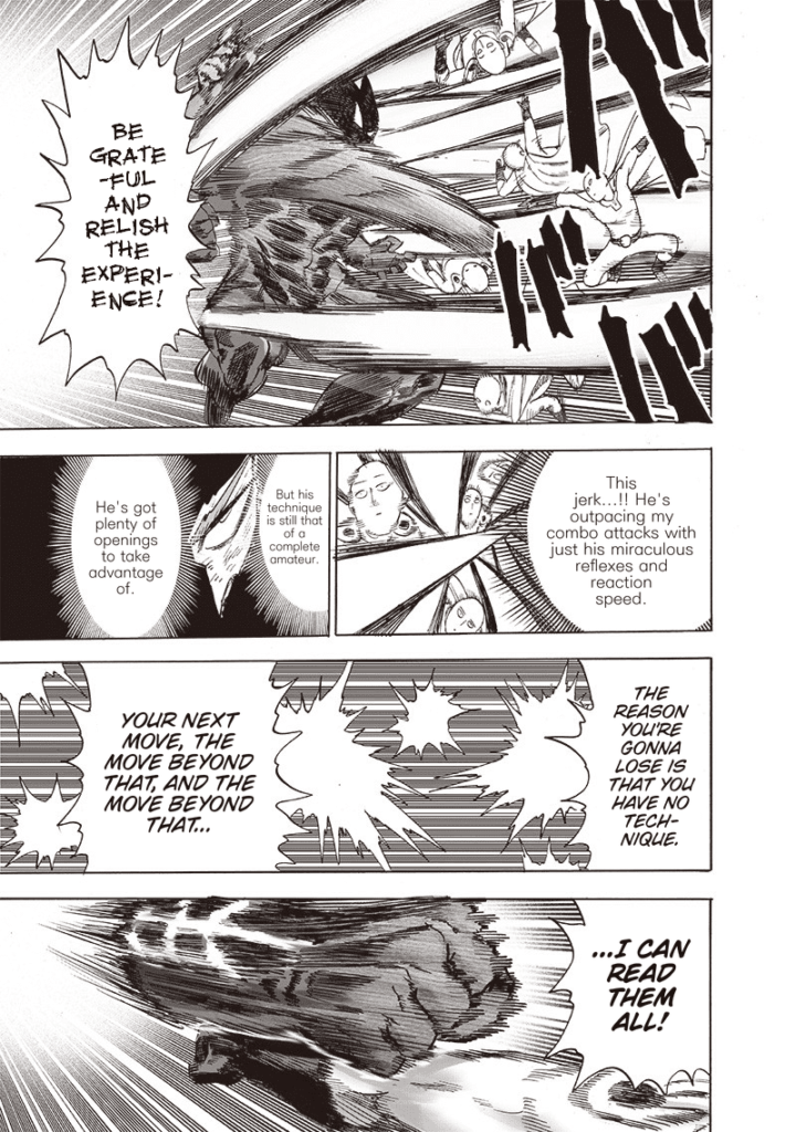 Saitama swiftly dodges Garou's series of punches with an iconic bored face. Their punches are about to clash.