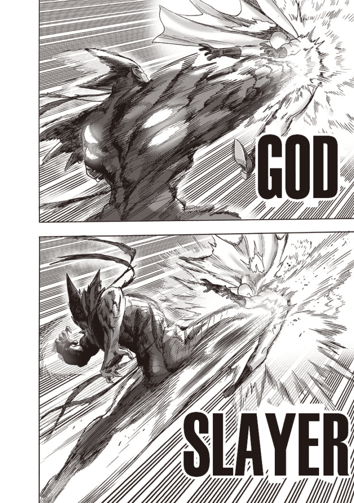 Garou punches and knee-kicks Saitama on his body, creating a powerful blow.