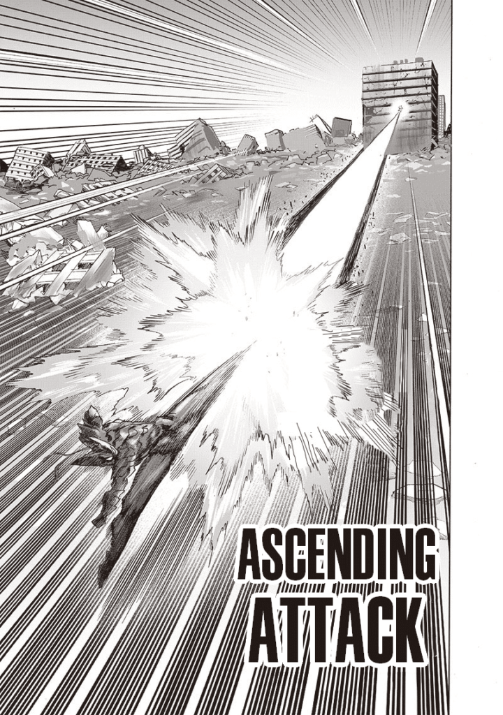 Saitama is swiftly thrown away after Garou's "God Slayer Ascending Attack." Saitama is about to hit a building.