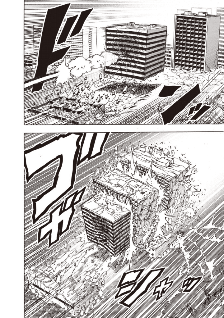 Saitama hits three buildings and destroys them.