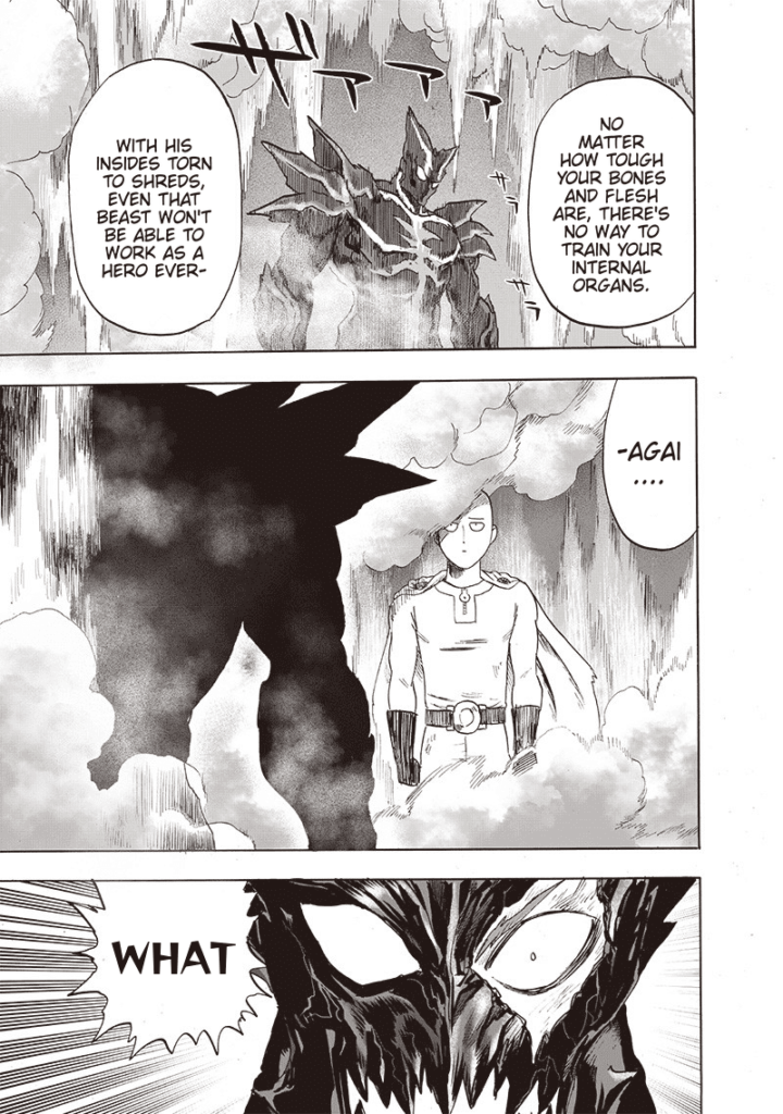 Garou believes he defeated Saitama by destroying his internal organs. He is shocked after Saitama appears before him.