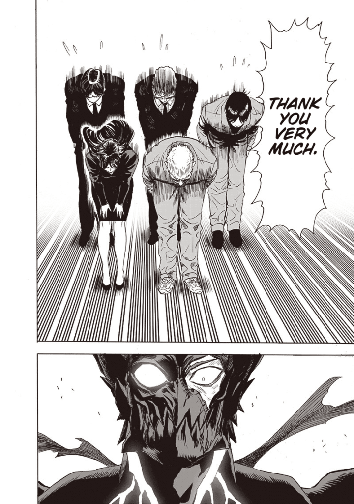 The five survivors bow their heads at Garou as a gesture of gratitude. Garou stands surprised.