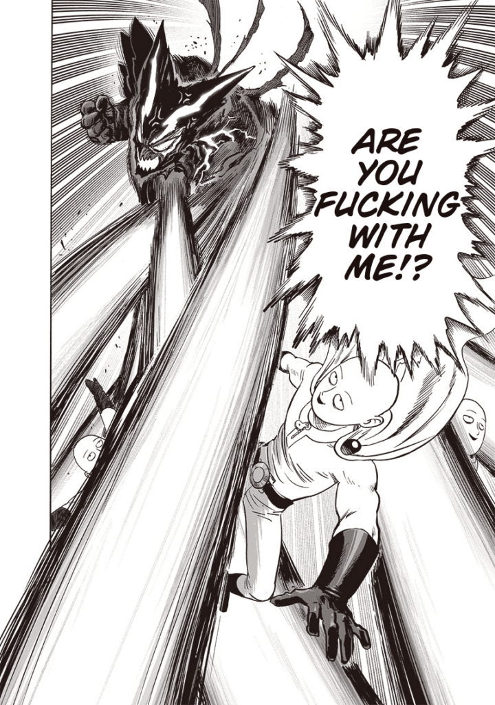 Garou angrily attacks Saitama with swift punches. Saitama casually dodges his fists.
