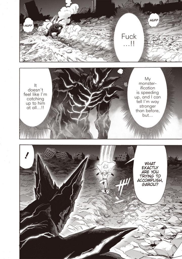 Garou stands up after getting thrown away. Saitama lands in front of him at a distance.