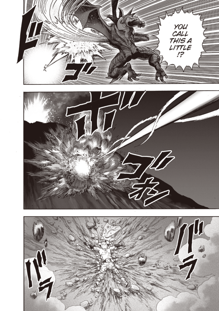 Garou hits Saitama, and he crashes near the volcano's crater.