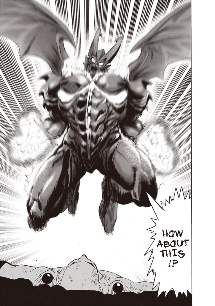 Saitama lies on the ground as Garou approaches him with glowing hands for another powerful attack.