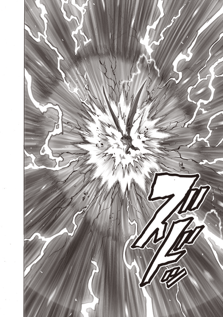 Garou attacks Saitama. It creates powerful shockwaves and lightning around.