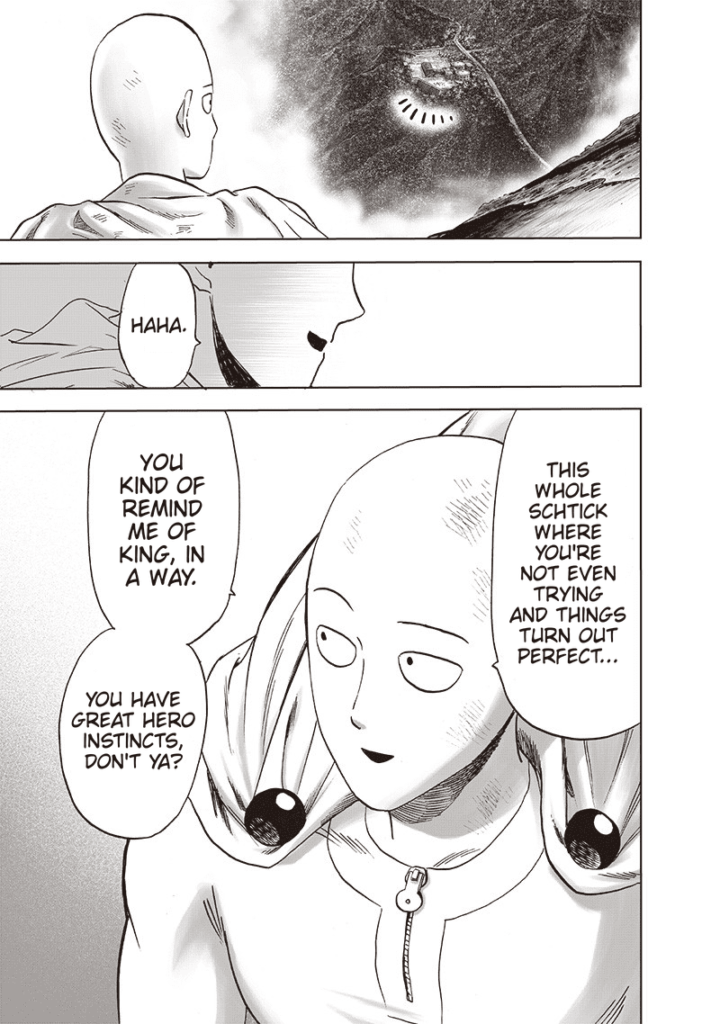 Saitama notices the nearby town. He is happy for Garou that things turn out perfectly.