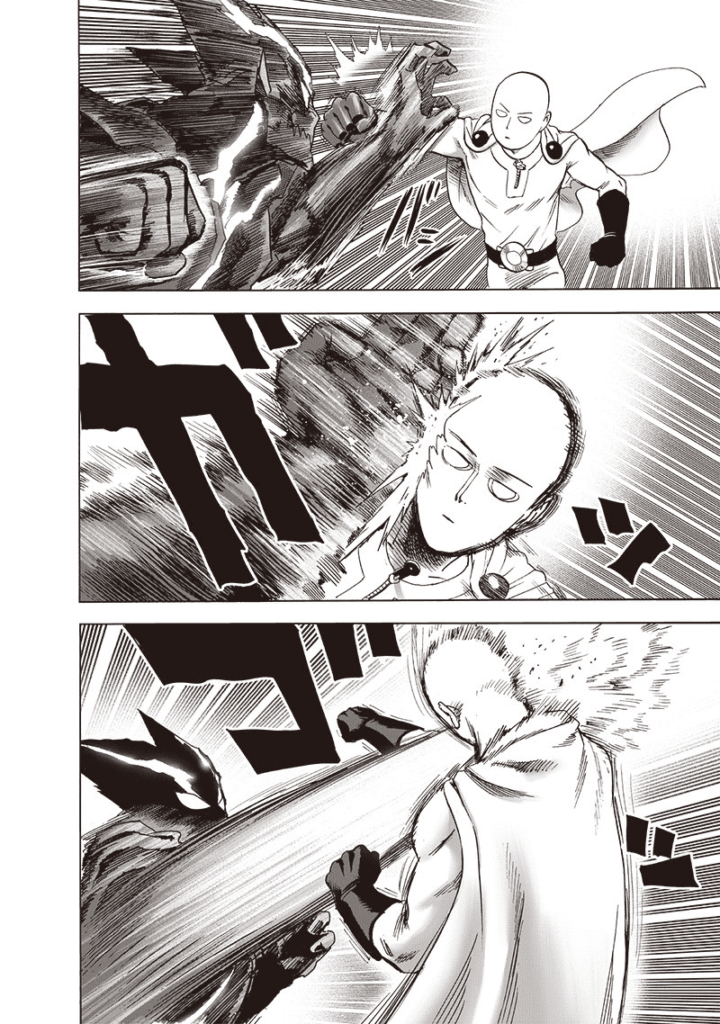 Saitama tries to counterpunch, but Garou deflects it. He then side-chops Saitama on his right temple.