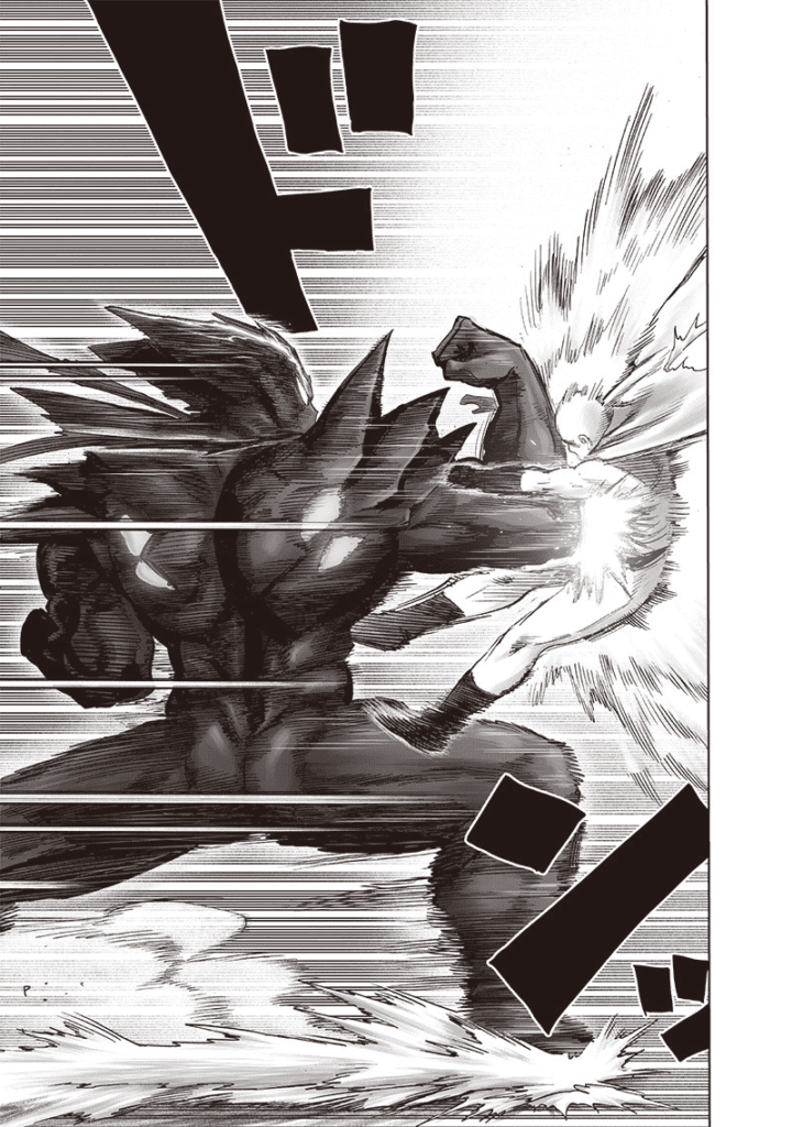 Garou hits Saitama using his elbow. His attack creates a powerful shockwave.