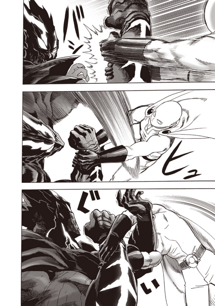 Saitama holds Garou's hands and locks them.