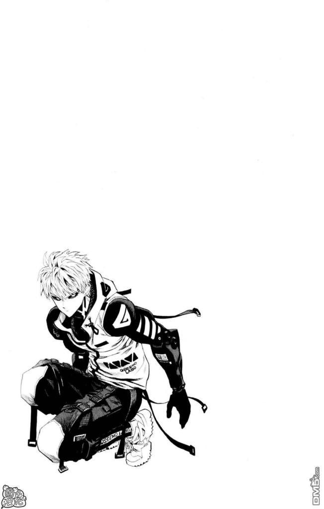 Genos is crouching and wearing a jacket, shorts, and sneakers.