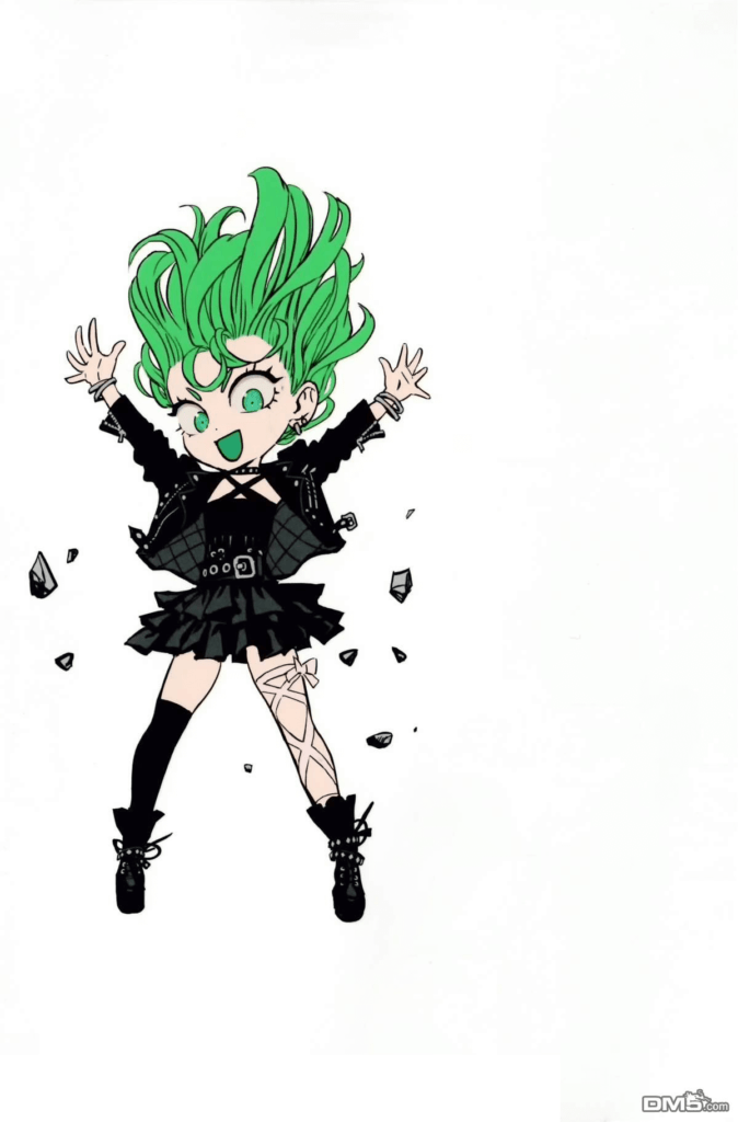 Kid version of Tatsumaki wearing green hair and black gothic clothes.