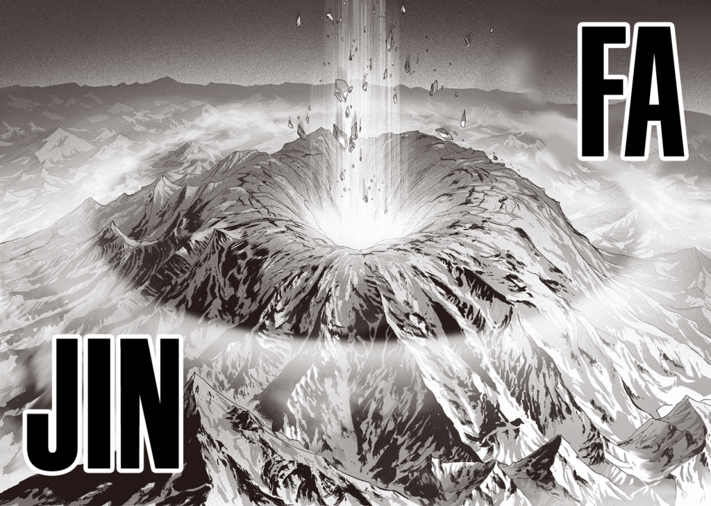 Garou's "Extreme Fa Jin" attack creates shockwave and makes a hole on the mountain top leading downward.