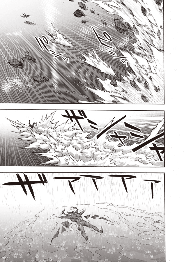 Garou lies floating on the water after getting hit by Saitama's powerful punch.