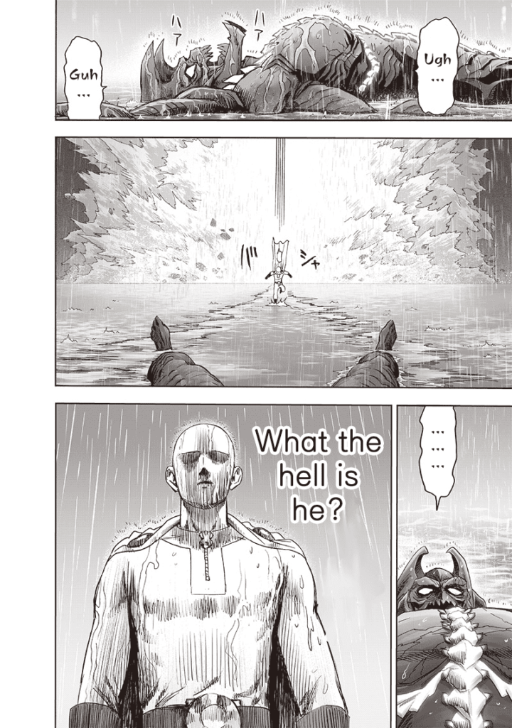 Splashes of water rain on Garou, who is lying on the water. Saitama arrives and walks towards him.