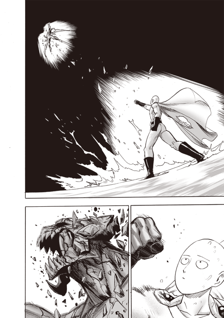 Saitama punches Garou in the face and sends him flying. His scales and exoskeleton start breaking.