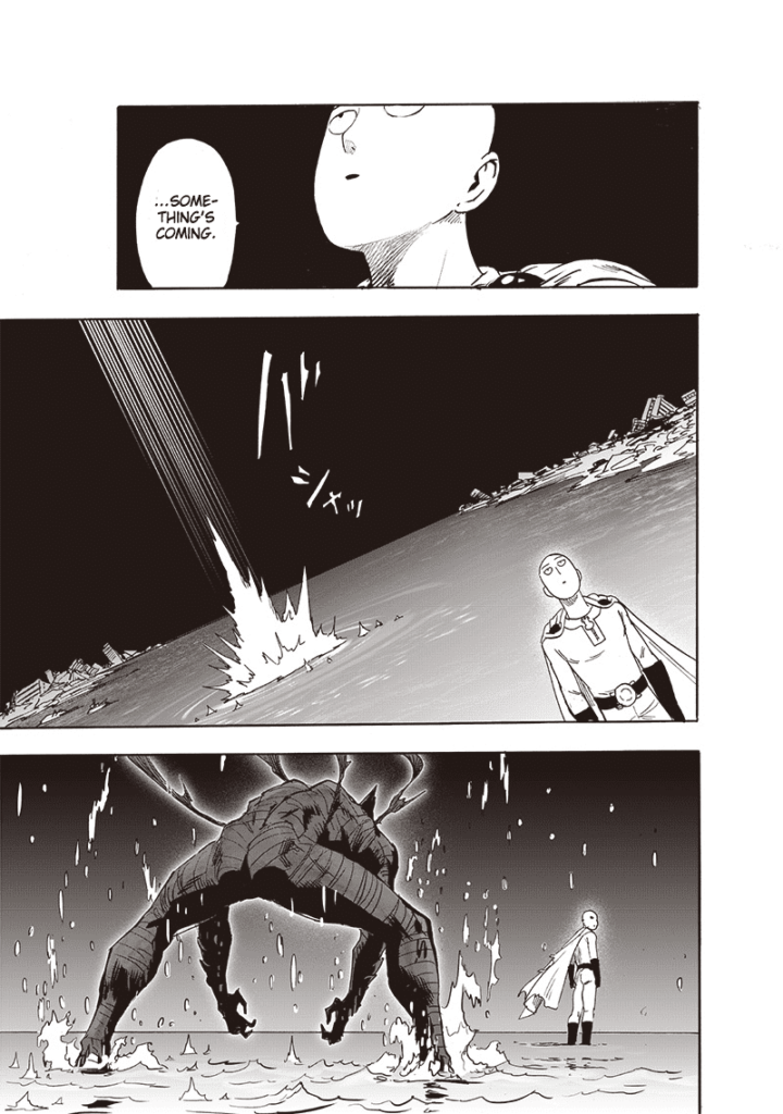 Saitama looks behind and notices Garou lands on the shallow water pools.