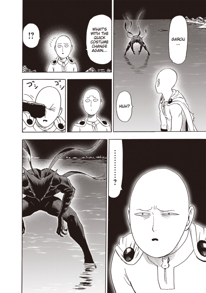 Saitama rubs his eye and focuses his stare at Garou, who is now wearing new attire.