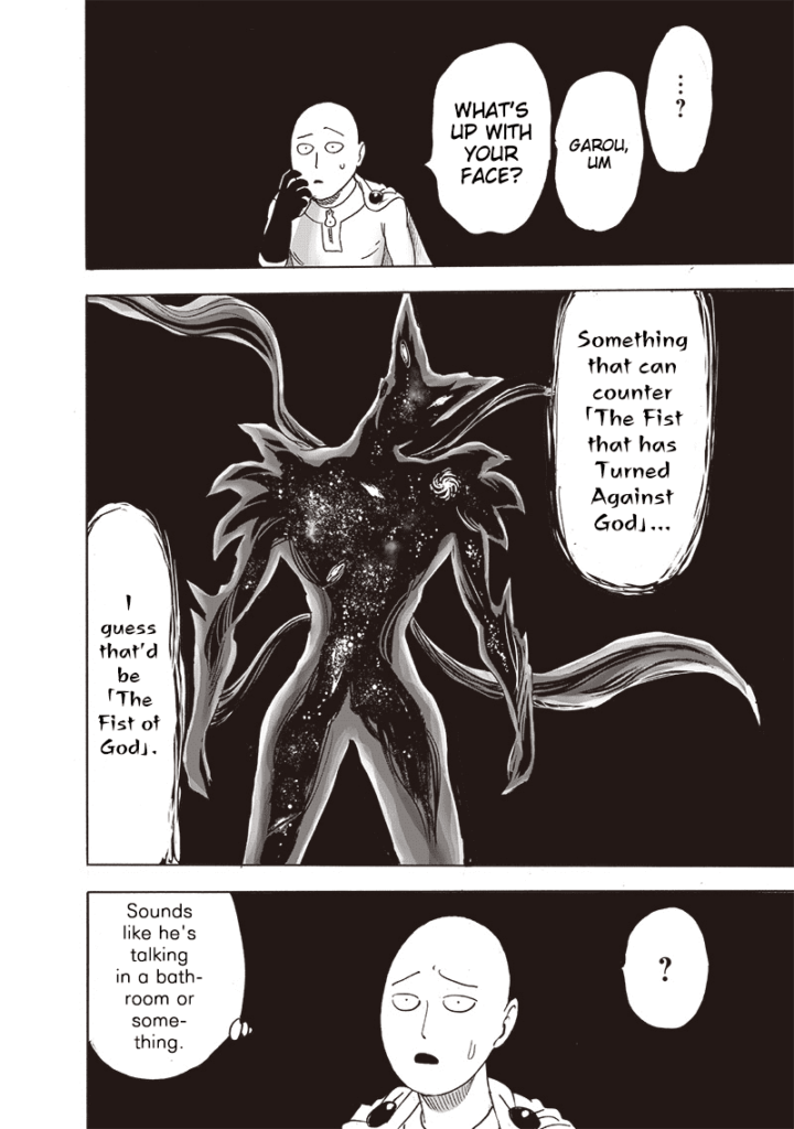 Garou stands before Saitama, who looks dumbfounded after his new costume.