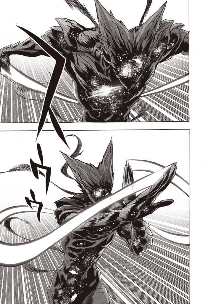 Garou swings his hands and dashes to attack Saitama.