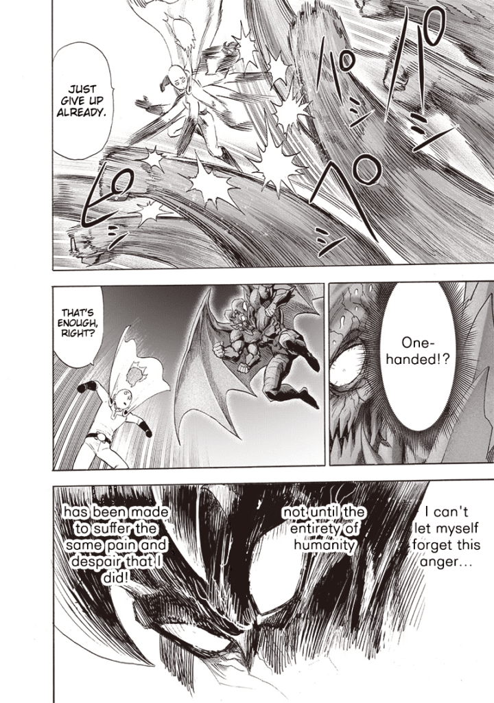 Saitama deflects Garou's punches with just one hand. Garou stops and is super mad.