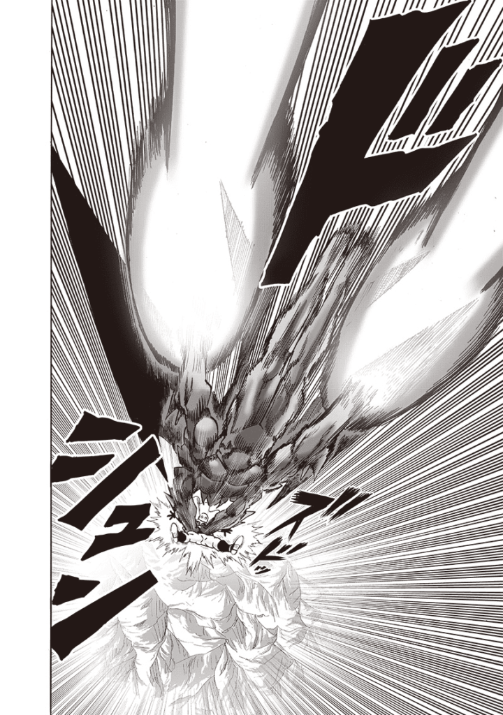 Garou uses his two glowing fists as boosters. He attacks and holds Saitama with his other two hands.