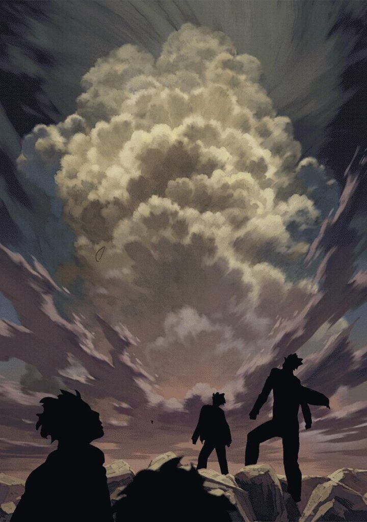 On a colored page, some people in silhouettes see the exploding smoke in the skies.