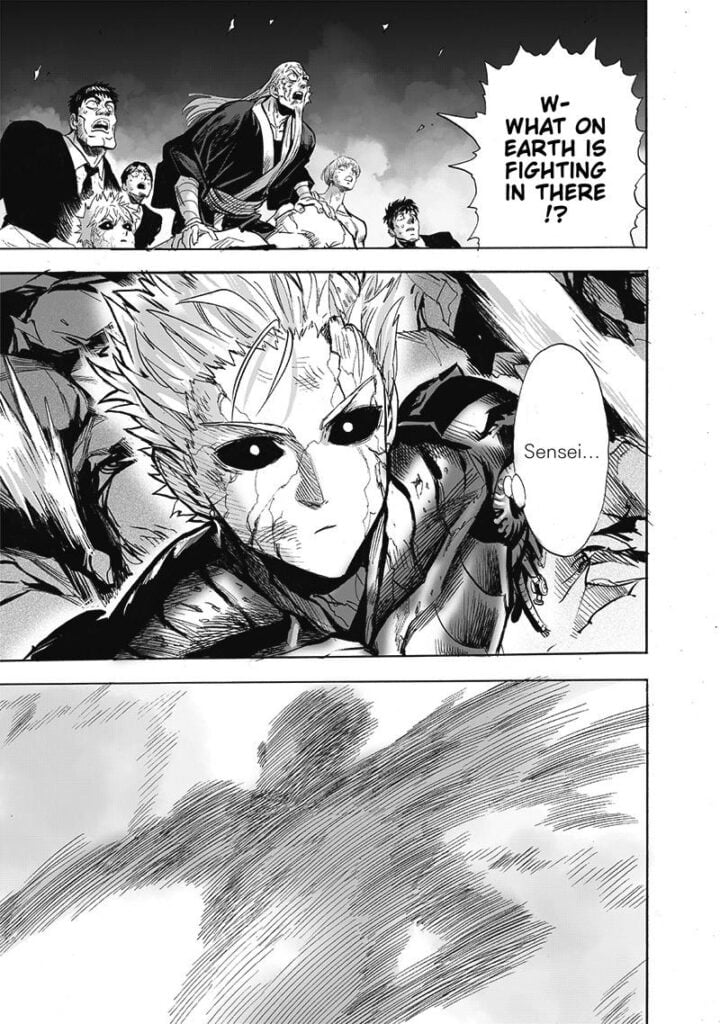 Bomb, Genos, and the other heroes watch the explosion. Saitama's silhouette is seen in the exploding light.