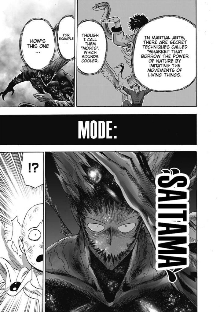 Awakened Garou changes his style into "Saitama Mode."  He now has the same face as Saitama.
