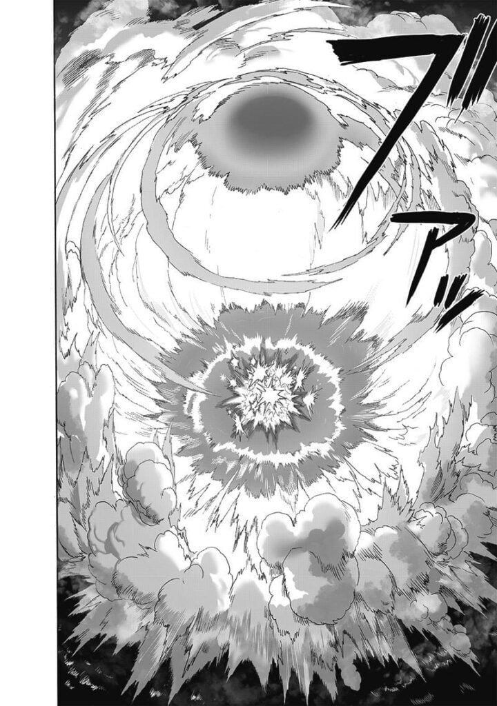 A massive explosion centering at Saitama and Garou's fight forms, creating spherical shockwaves that blow away the clouds.