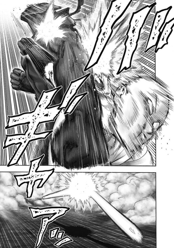 Garou and Saitama hit one another with their punch.