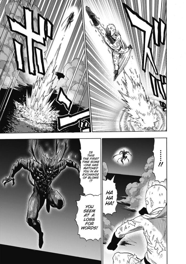 Saitama and Garou jump back out of the water, facing each other.