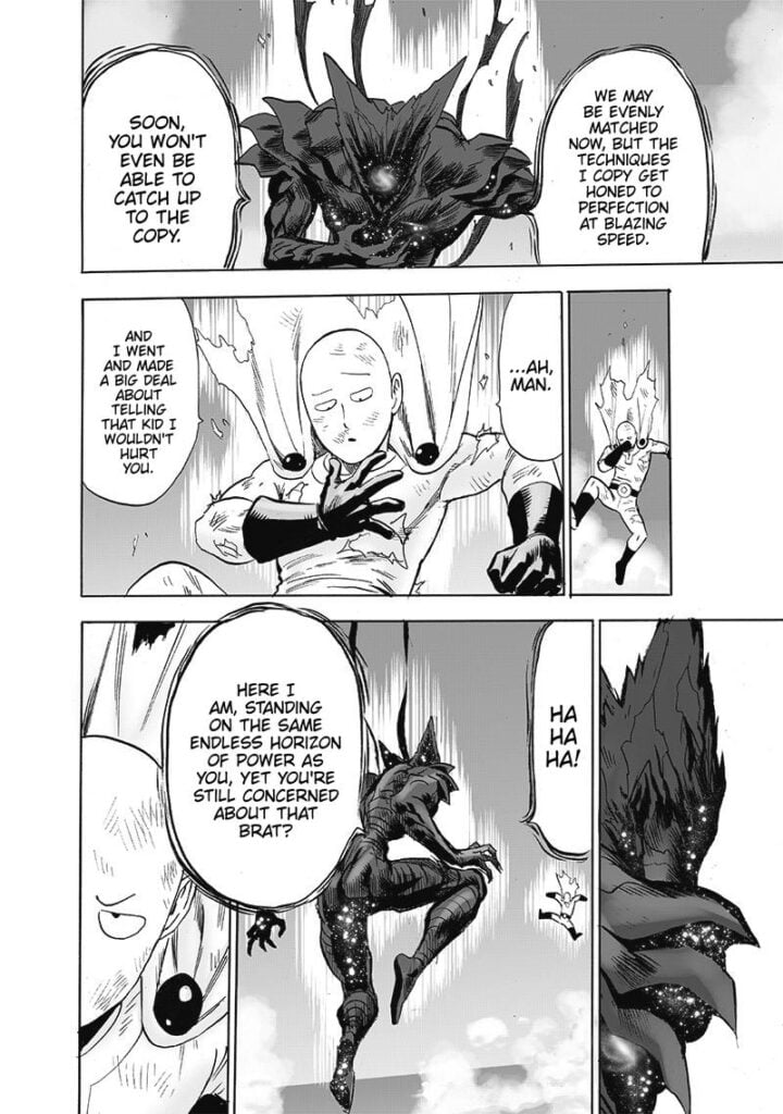 Garou and Saitama start falling. Garou toches his chest while Saitama looks at this palm.