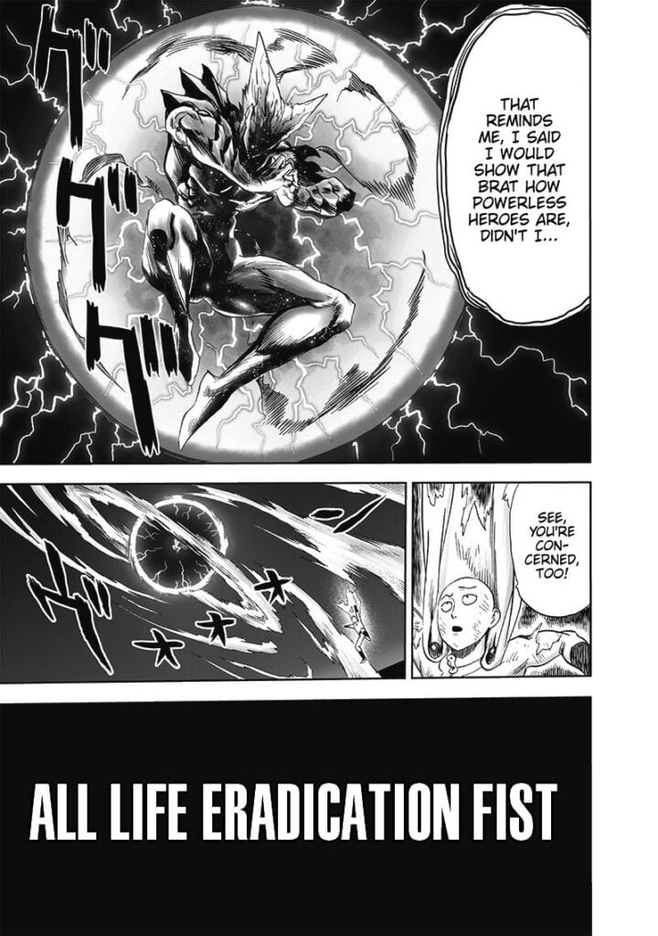 Garou creates a sphere around him surrounded by lightning and wind. He prepares an attack called "All Life Eradicating Fist."