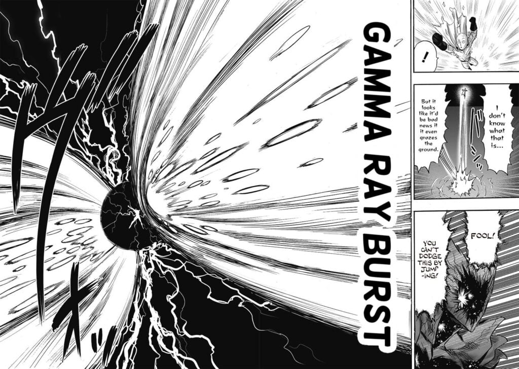 Saitama jumps from the ground while Garou creates an attack called Gamma Ray Burst creating powerful blast on opposite sides.