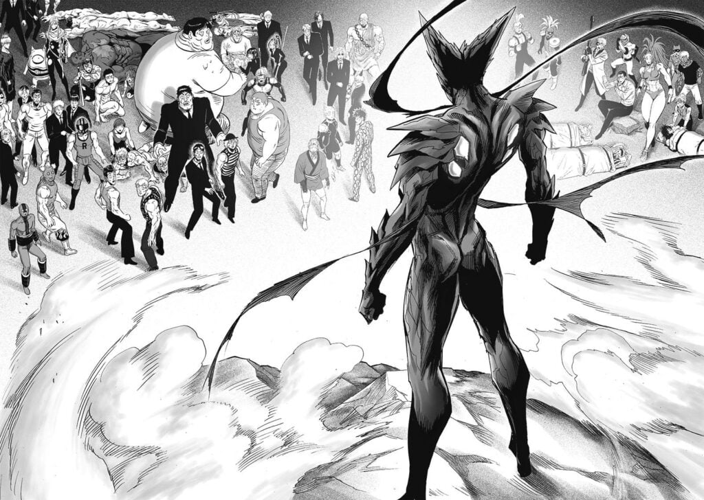 Cosmic Garou looks at the heroes below him.