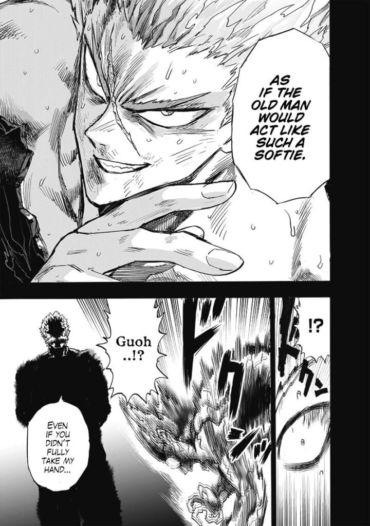 Garou suddenly powers up after he slaps the Bang's hand. But the person was not actually Bang but maybe "God."