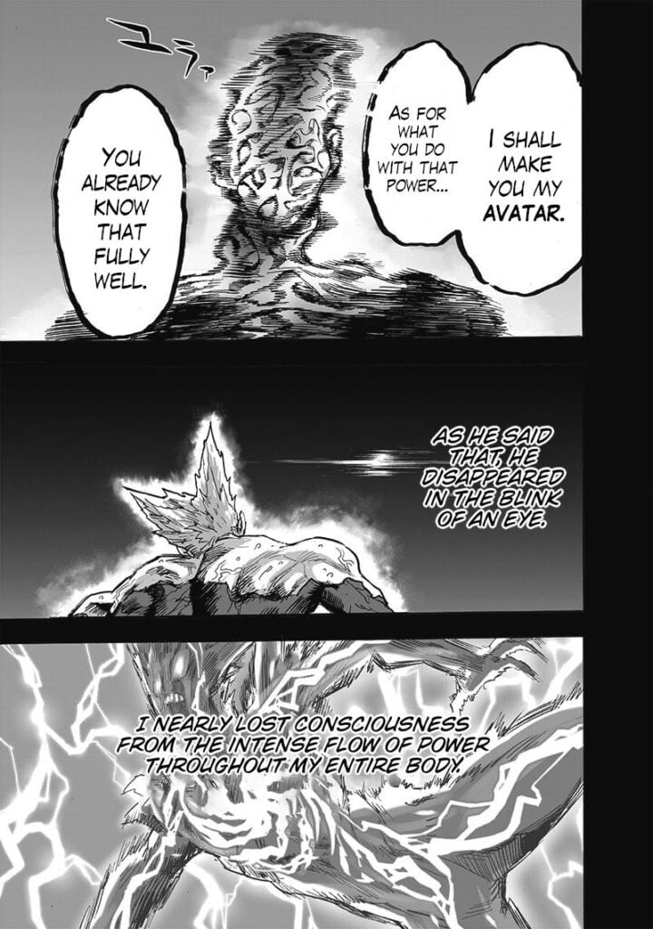 "God" suddenly disappears, and Garou's body starts glowing and transforming.