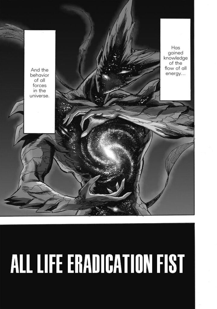 Awakened Garou moves his hands close to his body which is showing a galaxy for an attack called "All Life Eradication Fist."