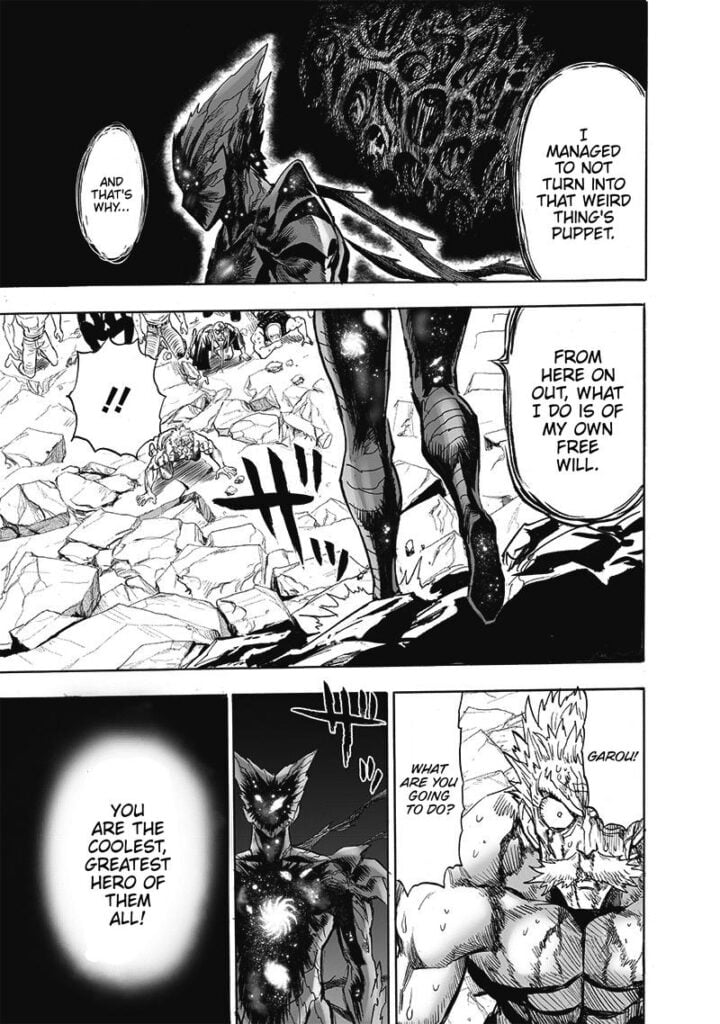 Garou starts walking down towards Bang amidst the rubble.