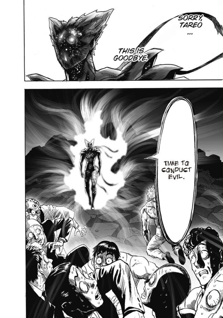 Some of the heroes start running scared as Garou walks toward them. Bang looks at him while on the ground.