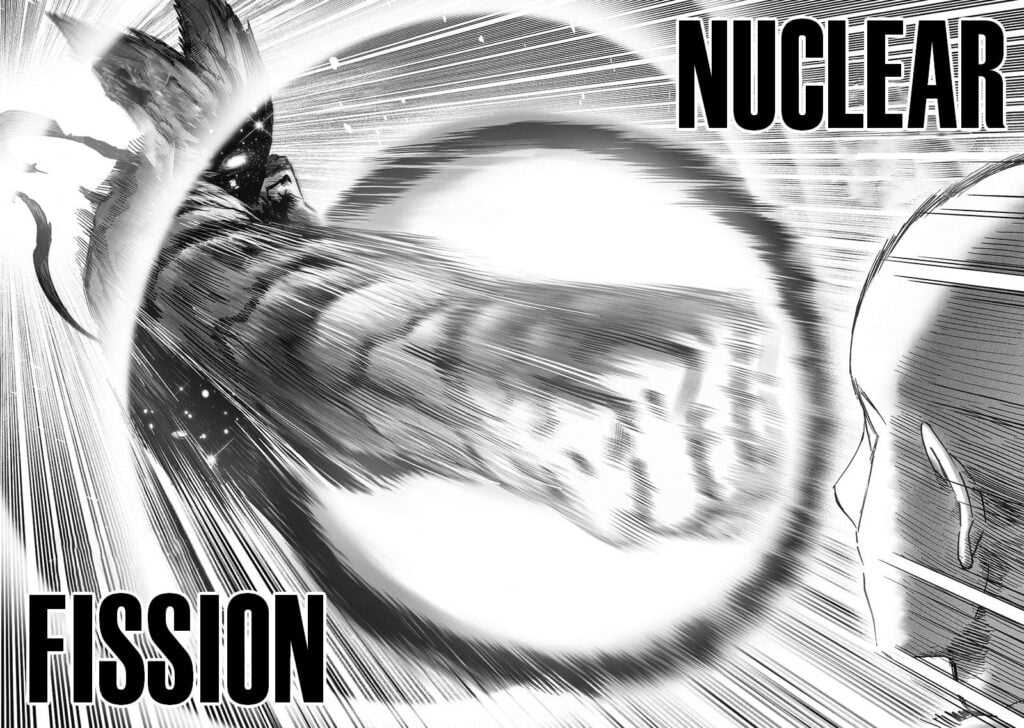 Garou punches Saitama with an attack called Nuclear Fission.