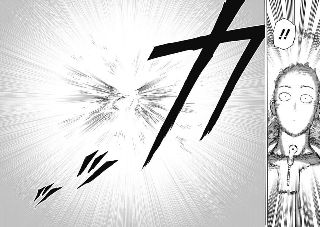 Saitama watches Garou's fist, and a blinding light covers the scene.